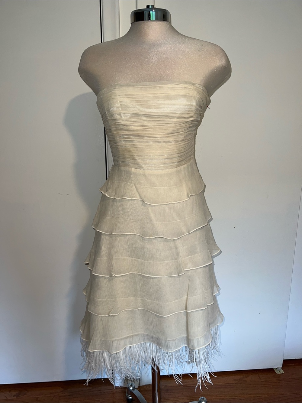 BCBGMaxAzria Strapless Tiered Ruffle Dress in Beige